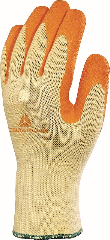 Rukavice Delta Plus VENITEX VE730 úplet PES/bavlna dlaň a prsty potažené zdrsněným latexem žluto/oranžové