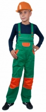 Kalhoty CXS PINOCCHIO laclové montérkové dětské kapsy u pasu a na náprsence zesílená kolena zeleno/oranžové