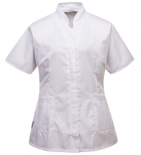 Pracovní blůzka PW Premier PES/BA dámská projmutá krátký rukáv šikmé nízký stojáček bílá