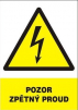 Tabulka "POZOR ZPĚTNÝ PROUD" plastová rozměr 210 x 297 mm symbol blesku v trojúhelníku žluto/bílo/černá