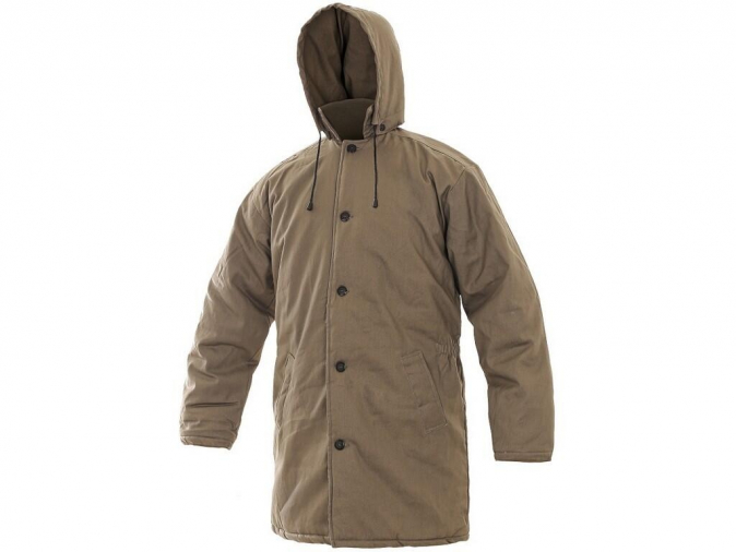 Bunda CXS JUTOS vatovaný kabát odepínatelná kapuce zapínání na knoflíky šikmé kapsy u pasu khaki