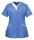 Pracovní blůzka PW Modern Style PES/BA dámská projmutá krátký rukáv šikmé kapsy kontrastní stojáček světle modro/bílá